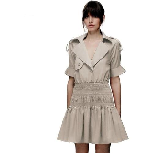 2021 Summer New Arrive Short Sleeve Tailored Collar Women Mini Dress Ruffles Hem Elastic Waist Fashion Lady Dresses