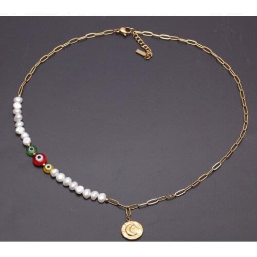 2021 Fashion Jewelry Stainless Steel Gold-plated Golden Necklace For Women Pearl Glass Eyes Chain Moon Pendant Female Choker