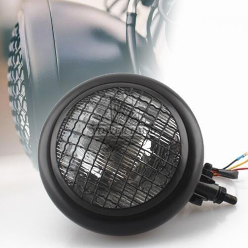 Black Motorcycle Old School Grill Mask Metal Retro Front Vintage Headlight Clear Lens 6 3/4" Fit For Harley Chopper Bobber SX650