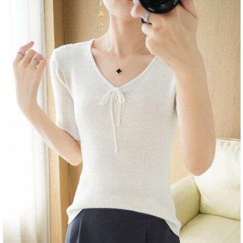 Pure cotton T-shirt womens summer new style pure cotton knitted V-neck short-sleeved slim solid color wild short pullover T-shi