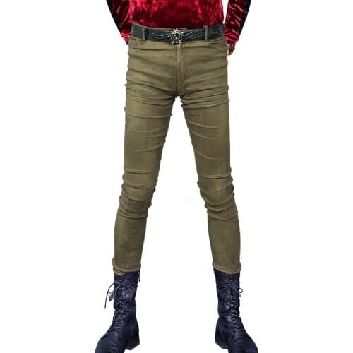 Mens Punk Elastic Warm Tight Trousers Faux Suede Hygroscopic Pencil Casual Pants Sexy Clubwear Dance Wear Fleece-Lined Legging