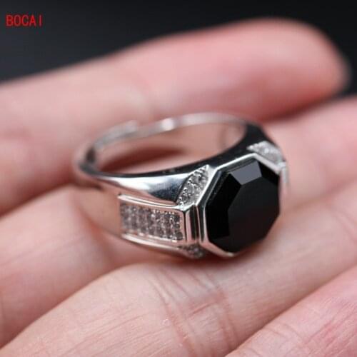 Real 925 sterling silver black agate inlaid silver ring, zircon micro inlaid mens ring