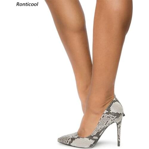 Ronticool New Arrival Handmade Women Snake Pumps Sexy Stiletto High Heels Pointed Toe Black Party Shoes Ladies US Plus Size 5-15