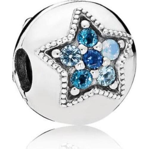 Genuine 925 Sterling Silver Charm Bright Star With Blue Mix Crystal Clip Lock Stopper Beads Fit Pan Bracelet Diy Jewelry