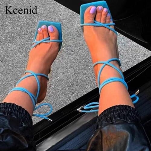 Kcenid Blue Black Gladiator Sandals Women Cross-Strap Sexy High Heels Shoes Woman Square Toe Party Female Shoes Big Size 41 42