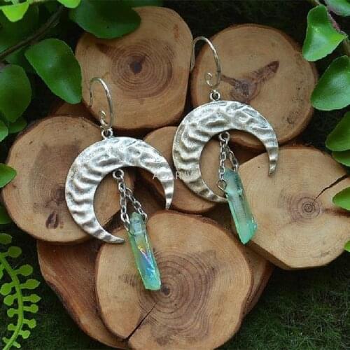 Crescent Moon Green Stone Earring Witchy Fashion Wicca Healing Crystal Magic Goth Empath Protection Celestial Jewelry Women Gift