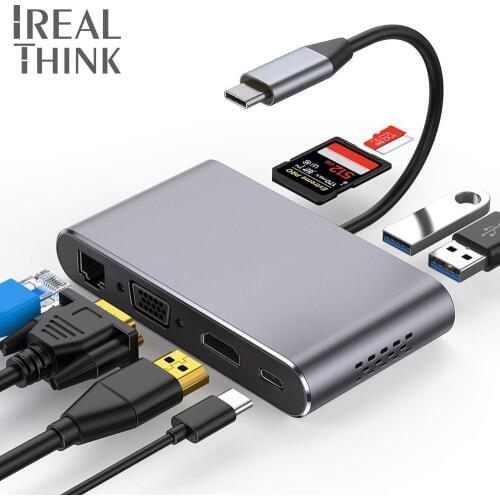 IREALTHINK Type C Hub USB-C Adapter Macbook Pro-accessories To VGA RJ45 PD 100W USB 3.0 Hub Full HD 4K Type C 3.1 Adapter