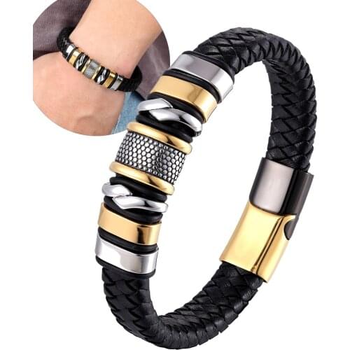 High Quality Stainless Steel Charm Men Wrap Bracelet Magnetic Clasp Leather Wrapping Punk Rock Bangles Man Jewelry Gift