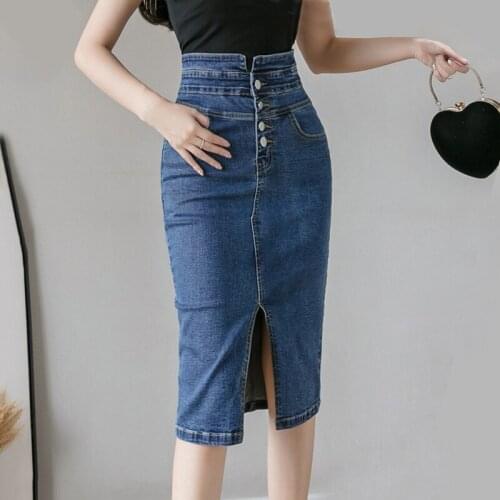 Vintage Split Pencil Denim Skirts Women 2021 Summer High Waist Buttons Midi Jeans Skirts Korean Plus Size Sexy Skirts jupe femme