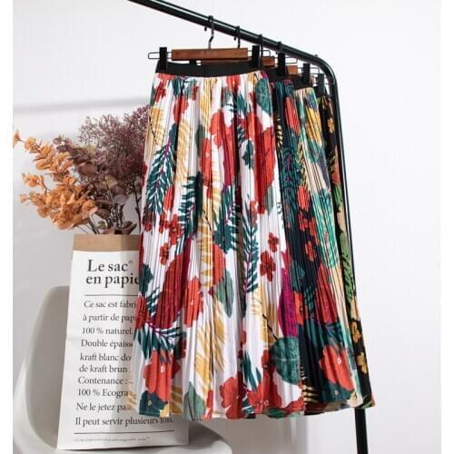 2021 New Fashion High Waist Pleated Skirt Women Spring Summer Midi Skirts Womens Elastic Waist A Line Long Skirts For Women Rok