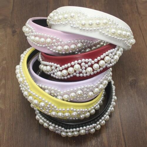 New White Yellow PU Leathers Luxury Handmade Full Pearl Beaded 4CM Width Catwalk Headband For Women Temperament Hair Accessories