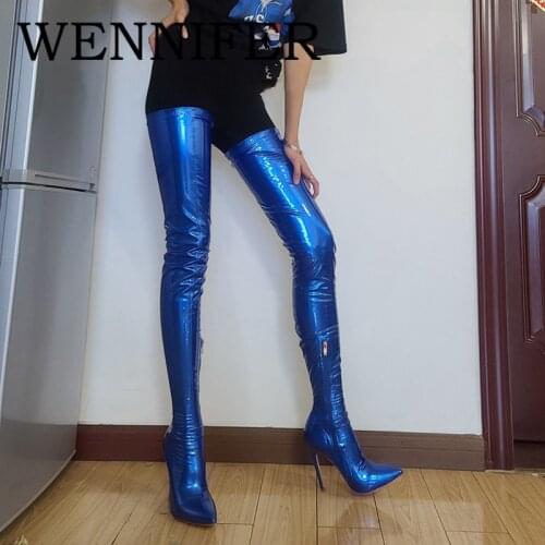 2021 Women Patent Leather Thigh High Heels Boots Pointed Toe Side Zipper Stiletto Heels Shoes Nightclub Party Dress Botas Mujer