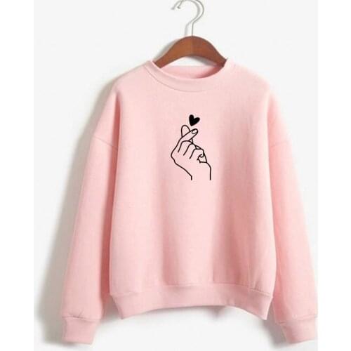 Women Hoodies Casual Kpop FINGER HEART LOVE Pattern Hooded Sweatshirts Fashion Drawstring Long Sleeve Female Pullovers Plus Size