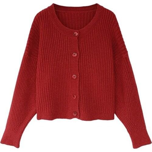 PERHAPS U Women Sweater Knitted Crew Neck O Neck Cardigan Button Beige Red Pink Purple Autumn Solid Puff Sleeve M0248