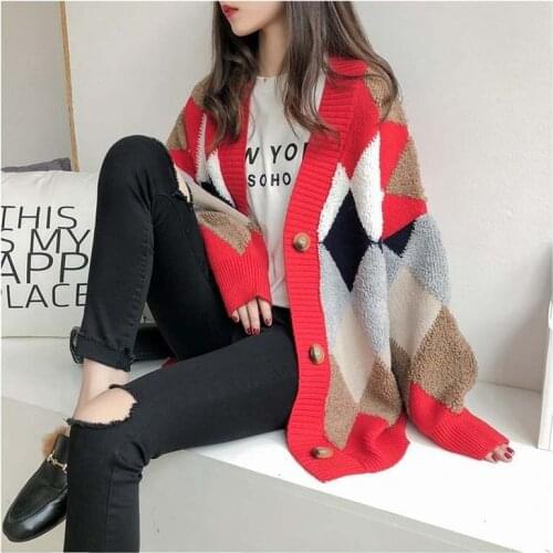 2021 Korean New Knitted Cardigan Thickened Winter Wear Contrast Large Size Sweater Coat Womens Lazy Style V-neck Fashion