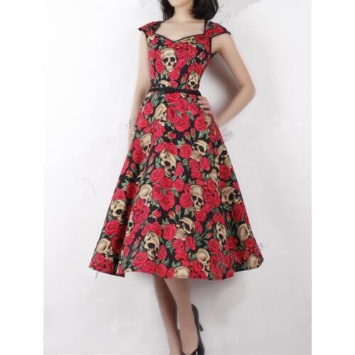 30- summer women vintage 1950s skull rose print sweetheart neck sleeveless swing midi dress rockabilly pinup vestidos plus size