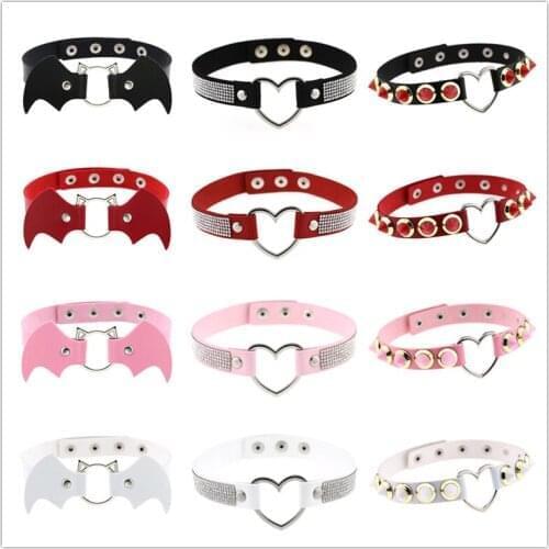 New Girls Women Sexy Gothic Harajuku Chocker Necklace PU Leather Rhinestone Heart Buckle Collar Necklace Fashion Party Jewelry