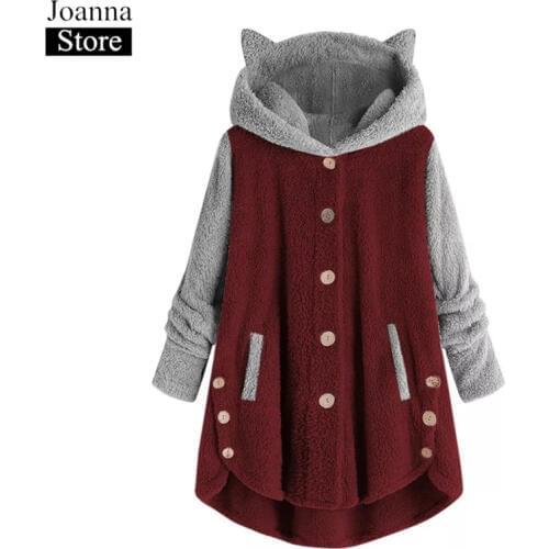 Winter New Cat Ear Hoodie Women Color matching Single-Breasted Warm plush Coat Ladies Autumn Plus Size Black Casual Tide Jackets