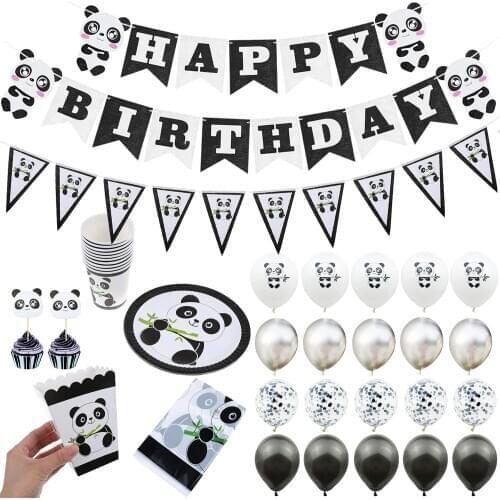 ZLJQ Panda Party Supplies Decoration Paper Plates Cups Popcorn Boxes Napkins Balloons Banner Tablecloth For Kid Birthday Party