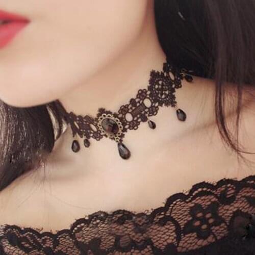 2017 fashion Gothic Victorian Crystal Tassel Tattoo Choker Necklace Black Lace Choker Collar Vintage Women Wedding Jewelry