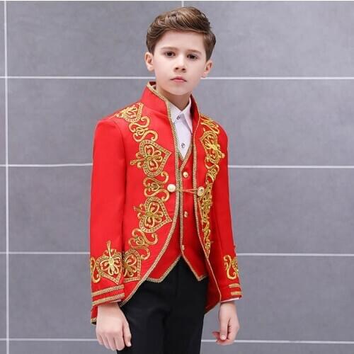 2020 New Fashion Red Party Prom Boys Suit Children Gold Prince Charmin Stage Suit Set for Kids Blazer Vest Pants 3 Piece Tuxedo