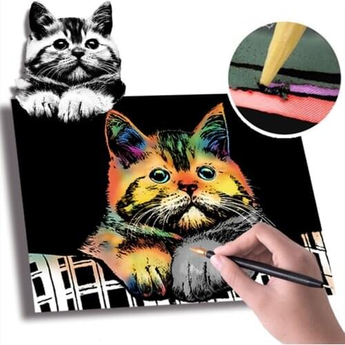 21*30cm 4PC Animal Premium Enchanted Scratch Painting Kits Art Adult Kits Lion Cat Wolf Tiger Kids Drawing Toys Christmas Gifts