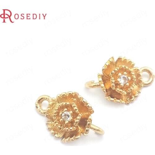 39967)20PCS 8x12MM 24K Champagne Gold Color Brass and Zircon 2 Holes flower Connect Charms Pendants Jewelry Making Supplies