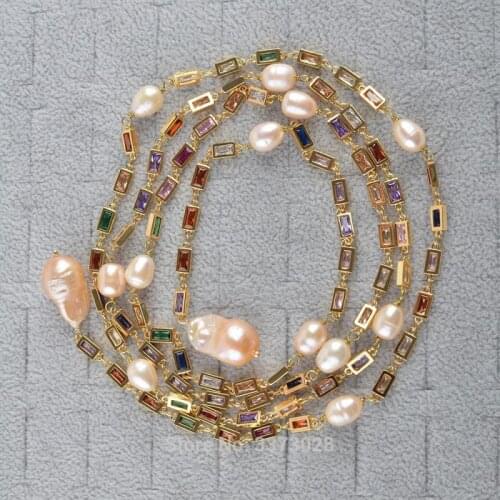 50” cultured pearl, pink potato pearl and keshi pearl, multi color rectangle Cz pave Chain Necklace