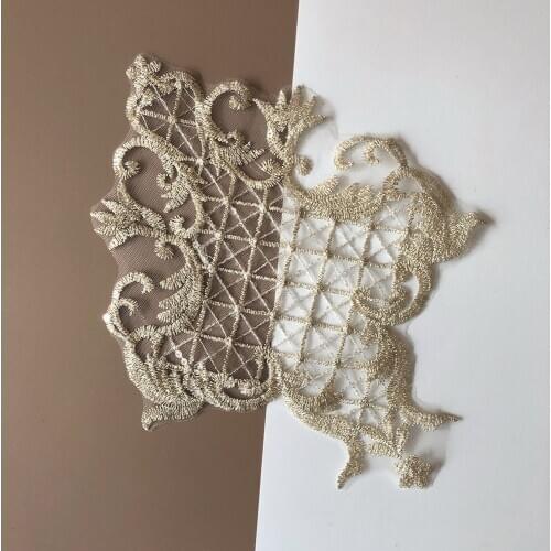 3Pcs Clear Sequins Lace Applique Champagne Gold Appliques Embroidery Sew Patches Fabric Cloth Sewing Patchwork DIY Craft 27X21cm