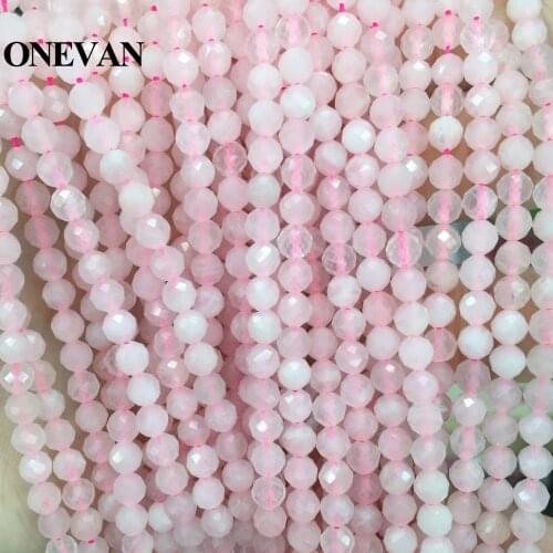 ONEVAN Natural Pink Rose Quartz Charm Beads 4.8mm Faceted Round Stone Diy Bracelet Necklace Jewelry Making Gemstone Design Gift