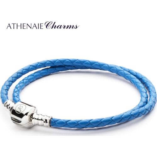 HENAIE Sea Blue Double Braided Leather Chain Women Bracelet with 925 Sterling Silver Snap Clasp Bracelets Size 13.39inch