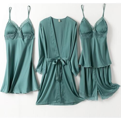 Sexy 4PCS Pajamas Set Womens V-Neck Cami Nighties Wear Pijama Home Nightwear Lingerie Nighty Spring Robe Gown Suit Nighties