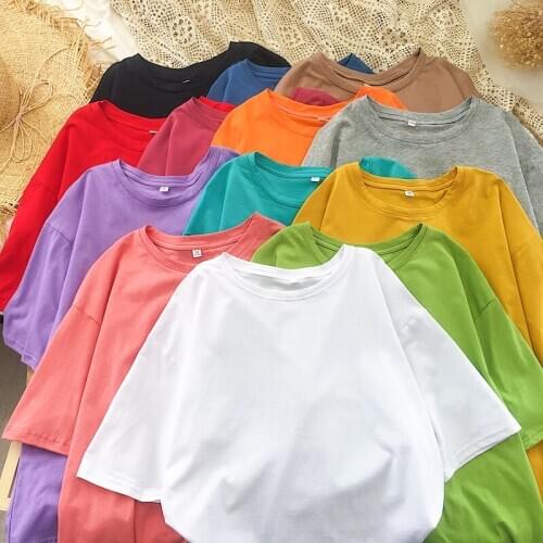 Candy Color 2021 Summer Women Tees Loose Minimalist Basic Tops Vintage Casual Solid Short Sleeved T Shirt Girls Plus Size Shirts