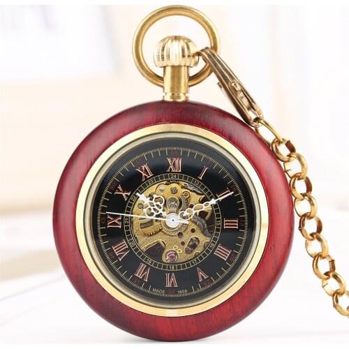 Red Wood Roman Numerals Open Face Pendant Mechanical Pocket Watch Durable Bronze Antique Hand Winding Pendant Chain Male Clock