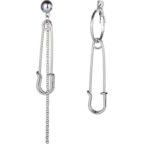 Trendy Tassel Asymmetric Chain Safety Pin Earrings Men Punk silver plating earings For Women kpop jewelry 2020