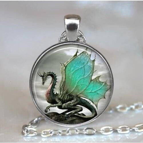 Fashion Trends Handmade Jewelry Winged Dragon Art Photo Cabochon Glass Pendant Chain Necklace Jewellery For Men Gift