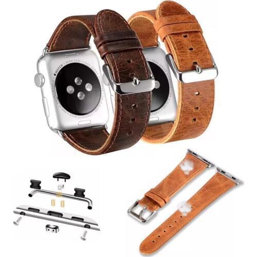Retro Brown Genuine Leather Wrist Strap For Apple Watch Band for iWatch 1 2 3 Stainless Steel Adapters Replacement Watchband