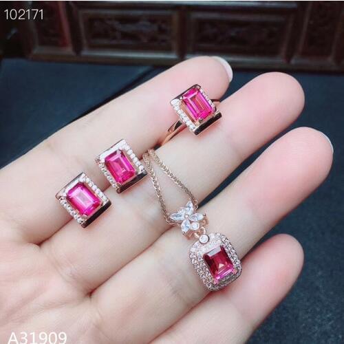 KJJEAXCMY Fine jewelry 925 sterling silver inlaid natural pink topaz gemstone female earrings ring pendant set support detection