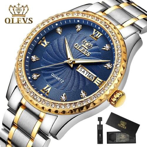Blue Man Watch Diamond Men Crystal Wristwatches Stainless Steel Quartz Waterproof Male Watches Auto Calendar Relogio Masculino