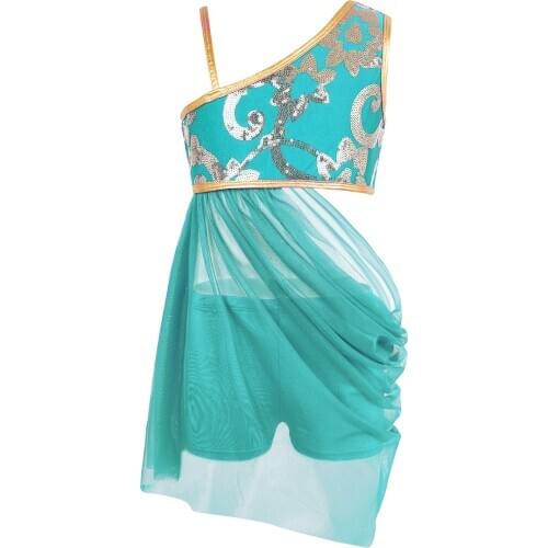 Kids Teens Dancewear Floral Sequins Mesh Ballet Dress with Shorts Set Girls Gymnastics Leotard Stage Performance Dance Costume