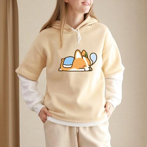 Fake Two Piece Hoodie for Patchwork Ladies Kawaii Sweatshirt Women Cute Corgi Aesthetic Clothes Full Sleeve Thicken Pullovers