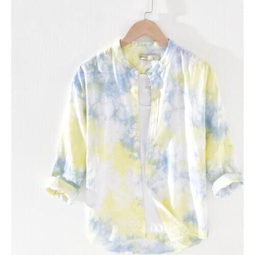 Quality Floral Printed 100% Linen Three-Quarter Sleeve Shirts Men Summer Thin Breathable Flax Hawaiian Shirt Camisas TS-616