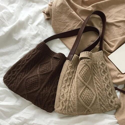 Female Woolen Knitted Braid Criss Cross Handbag Teenager Crochet Winter Korean Fashion Retro Chic Big Capacity Over Shoulder Bag