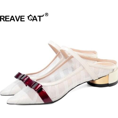 REAVE CAT Elegant Mesh Patent Leather Square Heel Female Sandals Bowtie Back Strap Pointed Toe Low Heel Women Shoe Size 42 B2625