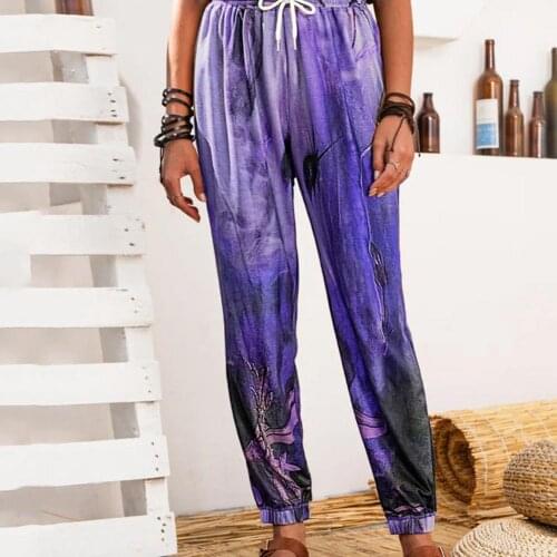 Women Trousers Beach Loose Vintage Printed Casual Sweatpants Casual Elastic Waist Pantalon Palazzo Female Drawstring Long Turnip