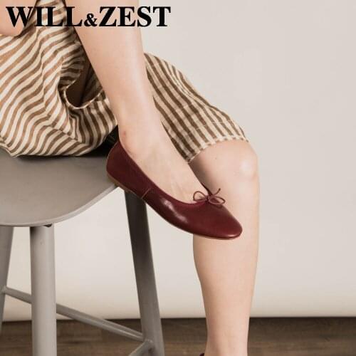 WILL&ZEST Woman Vintage Leather Ballet Flats Kawaii Slip on Designer Mocassin Fall Comfortable Nursing Work Shoe Dropshipping