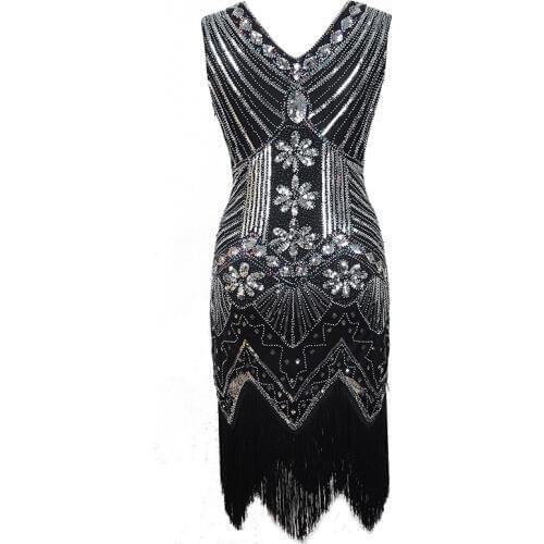 Women Party Sheath Dresses 1920s Vintage Sequin Great Flapper Fringe Dress Robe Femme Summer Retro Black Tassel Dress Vestidos
