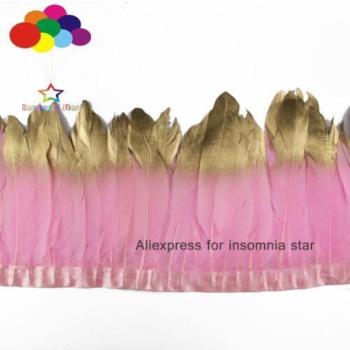 2 Meter light pink colored Goose feather fringe paint gold tips Feathers Trims with Satin Ribbon Tape center plumas faisan view