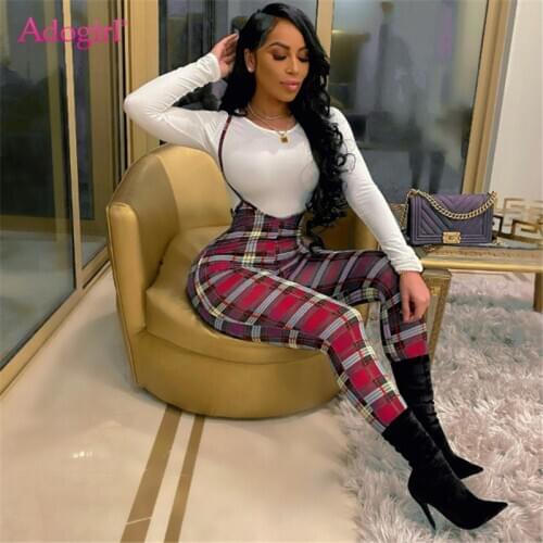 Adogirl Women Casual Two Piece Set Plaid Spaghetti Straps Jumpsuit White Long Sleeve T Shirt Top Active Rompers Overall Suit