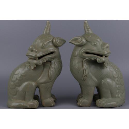 Antique Yue kiln glaze sculpture porcelain unicorn a pair,Home Decoration collection & adornment,Free shipping